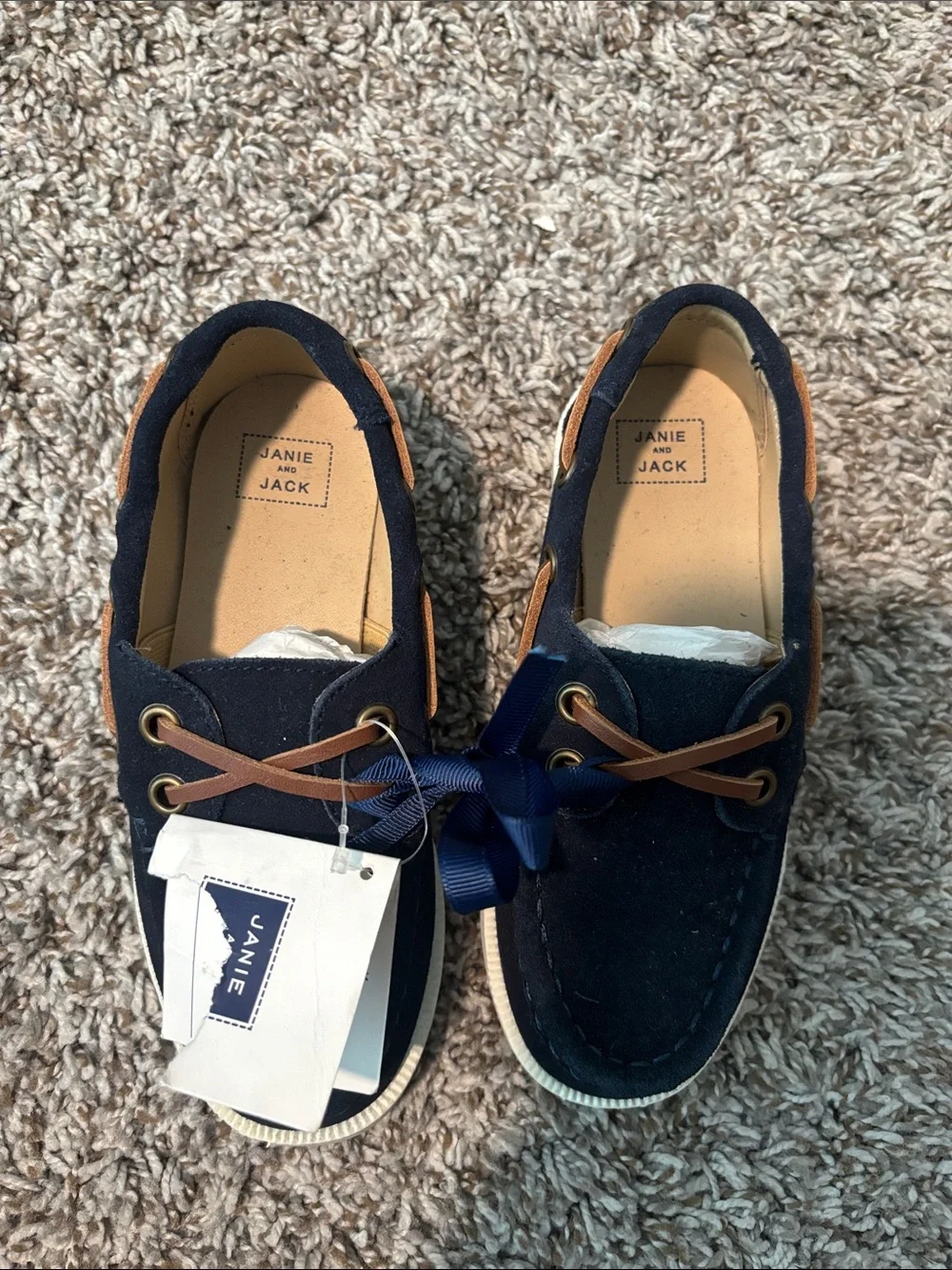 Janie and Jack Navy Blue Boat Shoes with Brown Laces